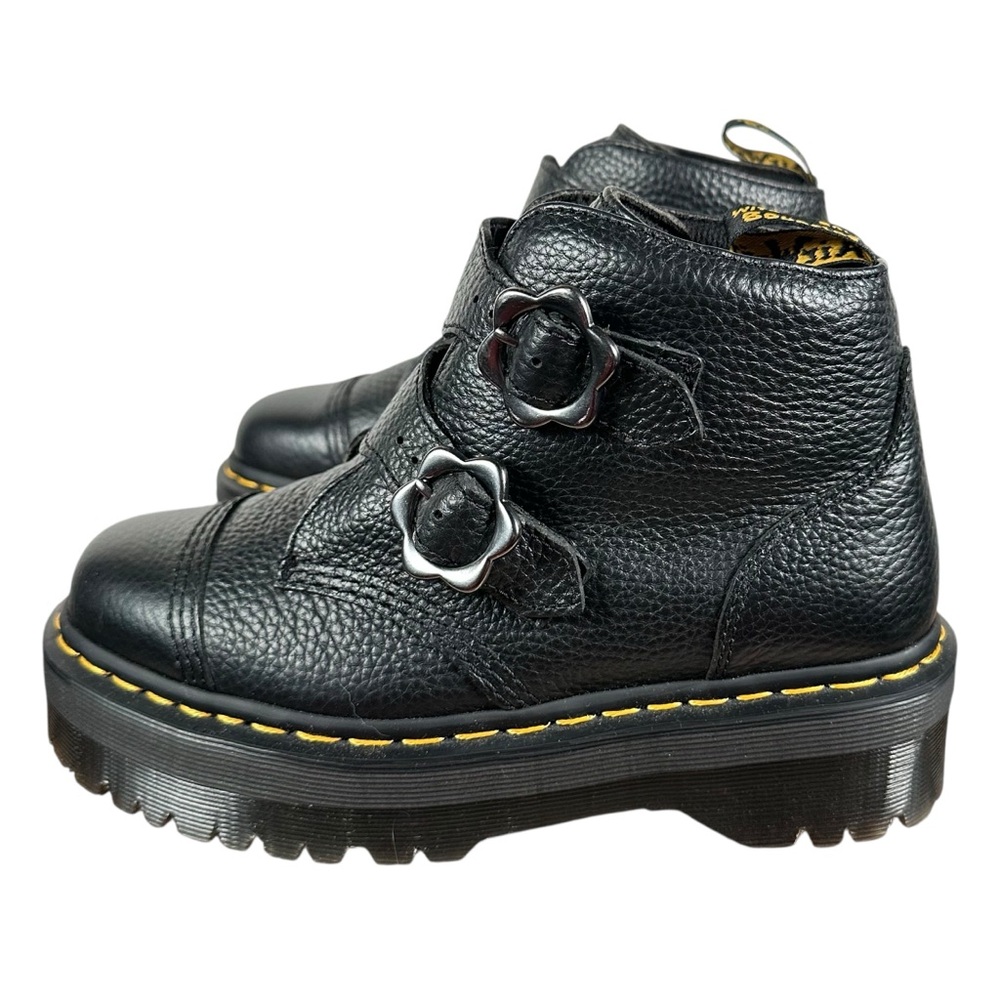 DR. MARTEN Devon Flower Buckle Leather Platform Boots in black milled nappa - Picture 5 of 11